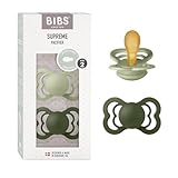 BIBS Supreme Schnuller 2er-Pack, BPA-frei, Symmetrischer Nippel. Naturkautschuk/Latex, Hergestellt in Dänemark. 6-18 Monate (2er Pack), Sage/Hunter Green