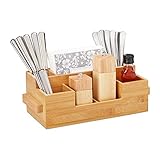 Relaxdays Besteckhalter Bambus, 7 Fächer, Tisch Menage für Servietten, Besteck, Öl, Gewürze, HBT 11,5 x 35 x 15cm, natur, Hellbraun
