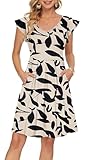 PLOKNRD Sommerkleid Damen V-Ausschnitt Midi Kleider mit Taschen Knielang Blütenblättern Kurzarm Freizeit Strandkleider Schwarzes Blatt M