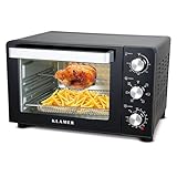 KLAMER Minibackofen mit Umluft (30 Liter), 6 Backfunktionen, 70-230°C, 120 min. Timer, Mini-Ofen inkl. Drehspieß, Grillgitter, Grillrost und Krümelblech, 1.500 W, Pizza Ø30cm, Schwarz