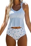 Beachsissi Damen Hoch taillierte Badeanzüge Krawatte Schulter Zweiteiler Bikini Streifen Print Rüschen Niedliche Tankini Sets, Blau, M