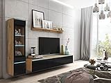 MINIO go for it - Wohnwand 3-Teilig Set Veve 1 I Hängend oder Stehend I Hochschrank-Vitrine I Lowboard I Wandboard I Laminierte Spannplatte I Wotan Eiche und Schwarz Gloss - ohne Beleuchtung