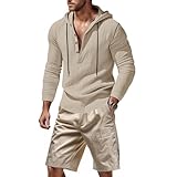 Generisch Sommer Sets Herren Baggy Leinen 2 Teiler Einfarbig Hawaii Urlaub Outfit Atmungsaktive Tracksuit Modische Straßenstil Zweiteiler Langärm 4 Knöpfen Hoodie Weitem Bein Shorts mit Taschen