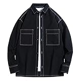 LQX Mode Shirt Herren Klassisch Revers Knopfleiste Langarm Shirt Herren Slim Fit Mit Taschen Einfarbig Casual Shirt Herren Urban Jugend Trend All-Match Outdoor Shirt Herren D-Black M