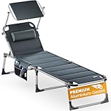 Casaria® Sonnenliege klappbar Wetterfest mit Dach Kopfkissen Seitentasche Gartenliege leicht Aluminium Sonnenliege Liegestuhl 150kg Grau meliert