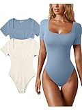 OQQ Damen 2 Stück Bodys Sexy Gerippt Einteiler Quadratischer Ausschnitt Kurzarm Bodys Blau Beige