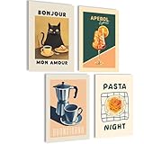 mojoliving Poster Kaffee Bilder Kaffee Bild Wandbilder für die Küche Poster Aesthetic Deko Küchenbilder Vintage Bilder Wohnzimmer Deko Küche (Pasta Night, 4x A4 | ohne Rahmen)