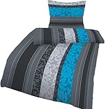 Soma Biber Bettwäsche Set, 100% Baumwolle, Reißverschluss, 135x200 cm oder 155x220 cm, mit Kopfkissenbezug 80x80 cm (blau grau Boho, 135 x 200 cm + 80 x 80 cm)