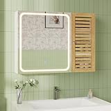 FORABAMB Spiegelschrank Bad mit Beleuchtung, Badezimmerschrank mit spiegel, Badezimmer spiegelschrank mit 6 Ablagefächern, 4 verstellbare Ablagen, hängeschrank Medizinschrank mit Bambustür, 80×60×16cm