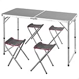 AKTIVE 63161 Klapptisch aus Aluminium mit 4 Hockern aus Stahl, höhenverstellbar 60/70 cm, Oberfläche 120 x 60 cm, graues Finish, tragbares Design mit Griff für Camping, Strand und Garten