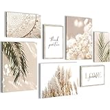 Novart Wandbilder Boho Pampasgras - KOMPLETT AUFHÄNGFERTIG - Beige Wohnzimmer Schlafzimmer - 7 Moderne Mood-Bilder - N005871a