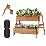 WOLTU Hochbeet mit 2 Blumenkästen, Holz Blumentreppe, mit Innenvlies, Gemüsebeet Kräuterbeet Pflanzbeet, für Garten Balkon Terrasse, Braun