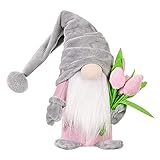 Frühlingswichtel,Stehende Niedliche Wichtel mit tulpen Blumensträuße Süßer Zwerg Wichtel Figuren Geschenk für Frauen Mama Hochzeitstag Freundin Ehefrau Muttertag Dankeschön Osterdekoration 37cm Grau