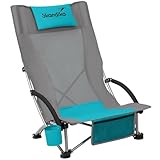 Skandika Strand Klappstuhl Beach | Bequemer Strandstuhl mit atmungsaktivem Mesh, Getränkehalter, niedrig, leicht zu transportieren, max. 136 kg | Faltbarer Campingstuhl, Liegestuhl (grau/blau)