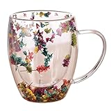 Dubbulon Blumen Doppelschicht Glasbecher - 350ml Latte Macchiato Kaffeegläser Teegläser, Schöne Teetasse Mit Griff, Thermogläser Doppelwandig, Isolierte Kaffeetasse Für Kalte Und Heiße Getränke