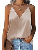 Zeagoo Damen Satin Tank Tops V Ausschnitt Verstellbarer Spaghetti Strap Seidenbluse Cami Ärmellose Tshirt Champagner M