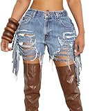 TACSTRUN Jean Shorts Damen Hohe Taille Elastisch Gewaschen Zerrissen Fransen Distressed Denim Shorts,Blau,S