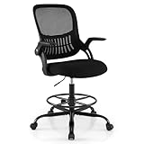 COSTWAY Arbeitsstuhl, Bürostuhl mit klappbaren Armlehnen und Fußstütze, Sitzhöhe 58-76 cm, hoher Drehstuhl, bis 136 kg belastbar, Schwarz