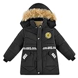 linboo Jungen Winterjacke Warme Wintermantel mit Kapuze Verdickte Jacke Kinder Blouson Winddicht Kapuzenparka, Schwarz, L(116-122)