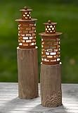 Dekoleidenschaft 2X Windlichtsäule Türmchen aus Holz & Metall in Rost-Optik, 43 + 50 cm hoch, Holzsäule, Kerzenhalter