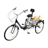 24 Zoll Klappbar Dreirad für Erwachsene, 7 Gang 3 Rad Fahrrad mit Korb Einstellbare & Hochlehnsitz City Dreirad Einkauffahrrad Bike 3 Räder Dreirad für Erwachsene & Senioren Freizeitgestaltung
