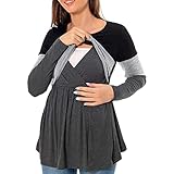 Damen Umstands-Langarm-T-Shirt mit Rundhalsausschnitt, Farbblock, Stilltops, zum Stillen, Schwangerschaftskleidung (Grey, M)