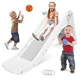 Kinderrutsche Rutsche Indoor ab 2 Jahr, 190CM Kinder Rutsche mit Basketballkorb und Zwinge, Treppenrutsche,Gartenrutsche, Kleinkinderrutsche Kunststoff,Outdoor Rutsche Spielplatz, Grau-Weiß