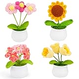 Handgemachte Häkel-Kunstblumen Künstlicher Gehäkelter Blumentopf 4 Stück Mini Gestrickter Blumentopf Kleine handgefertigte Häkelblume Sonnenblumen für Büro Auto Armaturenbrett Dekoration