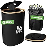 Bangleo Pfandflaschen Sammelbehälter 100L, Flaschensammler Leergut mit Waschmaschinenfeste Flaschentasche, Bambusrahmen Pfandbehälter für Leergut Sammlung & Aufbewahrung (Schwarz)