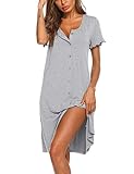 Ekouaer Umstandsnachthemd Damen Sommer Schlafshirt Kurzarm Stillnachthemd Nachtwäsche Knopfleiste Hellgrau L