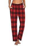 Ekouaer Damen Schlafanzughose Kariert Baumwolle Pyjamahose Freizeithose mit Taschen und Kordelzug Rot L