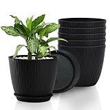TINA Kunststoff Blumentopf mit Untersetzer 6 Stück Übertopf 15 cm Durchmesser Kräutertopf mit Ablaufloch Plastik Pflanzentopf Rund Blumentöpfe Matt Schwarz für Topfpflanzen Büro Balkon Dekoration