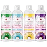 AOS Set | Cake Drip Candy & Fun 4er Set 4x 250g | Grün, Hellblau, Gelb, Lila | Vanille Geschmack | perfekt für Glasuren von Kuchen, Cupcakes, Kekse | wiederverschließbare Qutschflaschen