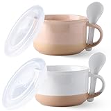 GBHOME 700ml Keramik-Suppentassen 2er-Set mit Henkeln & Deckel,Terrakotta-Unterseite & Löffel für Suppe/Müsli/Salat/Nudeln/Ramen, mikrowellengeeignet & spülmaschinenfest, Weiß & Pfirsich
