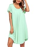 Ekouaer Nette Nachthemd Damen Kurzarm Falten Leichte Knielang Nightgown Sleepshirt Damen mit Rundhalsausschnitt, Hellgrün, XL