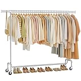 SONGMICS Kleiderständer auf Rollen, Garderobenständer, hochbelastbar, ausziehbare Kleiderstange, bis 110 kg belastbar, 45 x (160-200) x 162,9 cm, aus Metall, verchromt, silbern HSR176E01