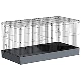 PawHut Kleintierkäfig, Kleintierstall mit Rampe, Trennwand, Nagerkäfig mit abnehmbarem Verdeck, Stoffboden, Kaninchenkäfig für Kleintiere Stahl Schwarz