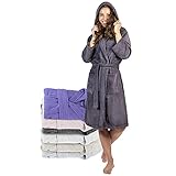 Bademantel Damen - 100% Baumwolle (350g/m²) Oeko-TEX® Zertifiziert - Morgenmantel Damen mit Kapuze, 2 Taschen, Gürtel - DarkGrau - S