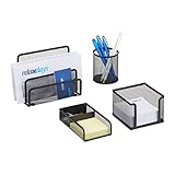 Relaxdays Schreibtisch Organizer Set 4-teilig, Mesh Metall Zubehör mit Briefablage, Stiftehalter und Zettelbox, schwarz, 14.5 x 17.5 x 13.5 cm
