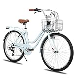 HILAND 26 Zoll Beach Cruiser Bike für Männer und Frauen, Step-Through Rahmen Cityräder für Erwachsene mit Gepäckträger und Korb, Herren und Damen 7 Gang Pendler Stadtfahrrad, Blau