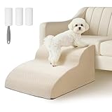 Ezvsevuo Hundetreppe für Kleine Hunde, 2 Stufen Haustiertreppe für Couch aus Hochdichtem Schwamm, Hunderampe aus Schwamm für Sofa Bett, Hunde Treppen mit Abnehmbarer Bezug, Senden Fusselrolle, Beige