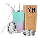 Y·J&H 20oz (550ml) Doppelwandig Vakuum Isolierter Autobecher, Edelstahl Reiseflasche, Thermobecher Kaffee to Go mit 2 Spritzfestem Deckel 2 Strohhalm, Rohrbürste,BPA Free - Cyanblau&Violett