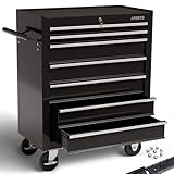 Arebos Werkstattwagen 7 Schubfächer | Werkzeugwagen zentral abschließbar inkl. 2 Schlüssel & Antirutschmatten | kugelgelagerte Schubladen | 2 Rollen mit Feststellbremse | Schwarz