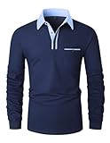 KUNJLELP Poloshirt Herren Langarm,Baumwolle T Shirts für Männer Casual Slim Fit Golf Tennis Sports Polohemd,Blau,L