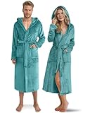 Twinzen Damen & Herren Kuschelfleece Bademantel mit Kapuze L - Türkis - Weich, Warm & Bequem - Öko-Tex Standard 100 Zertifiziert