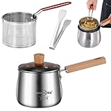 Fritteus-Topf 2, 5L Edelstahl Mini Fritteus-Topf mit Korb, Deckel, Zange und Anti-Scenen-Griff Japanisch für Zuhause, Tempura-Chips, Pommes, Fisch und Hühnerfisch Korb