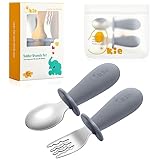 Qkie Kinderbesteck Baby Besteckset Mit Aufbewahrungstasche Edelstahl Baby Löffel Und Baby Gabel Mit Silikon Griffe Für Baby Kleinkind Esslernbesteck, BPA-Frei, 10 Monate+