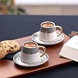 KARACA Globe Set mit 2 Kaffeetassen, Untertasse, Robuste Mokkatasse, Dicker Trinkrand, Espressotassen,Mochatassen, Porzellan Espresso Set,Traditionalkaffee Tasse