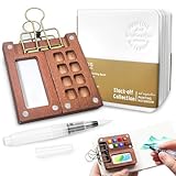 Mini Aquarell Set – Tragbare Reise-Palette mit 8 Fächern – Pocketartist Skizzenbuch-Set mit Aquarellpapier, Pinseln, Binder-Clips – Kompaktes Wasserfarben Set für unterwegs