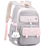 Ibalulu Schulrucksack Teenager Mädchen Schulranzen Rucksack Wasserdicht für Mädchen Jungen, Groß Schultasche mit Mehreren Fächern, Laptop Rucksack mit Charms für Die Schule, Reise Und Alltag (Grau)